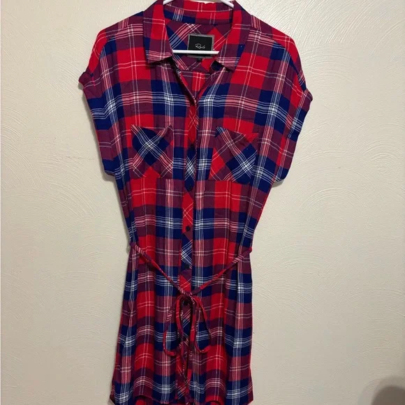 Rails Plaid Shirt Dress Tunic Red Blue Button Front Tie Waist Size Medium - Picture 2 of 9